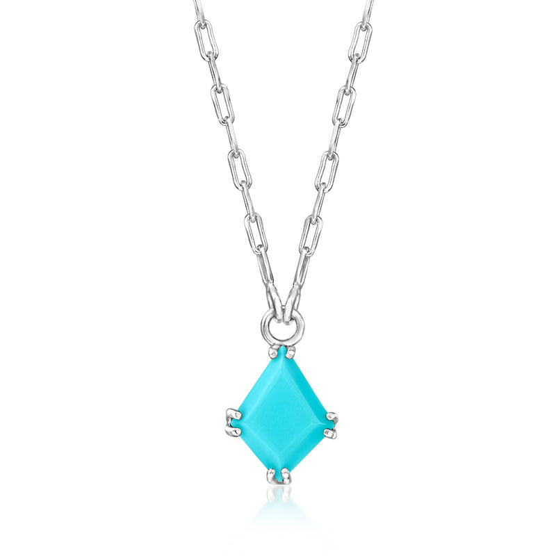 Sterling silver paper-clip link necklace with turquoise kite pendant