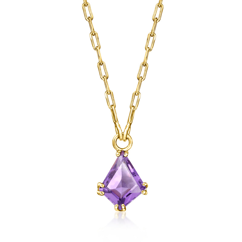 Gold paper-clip link necklace with kite-shaped amethyst pendant, gold setting
