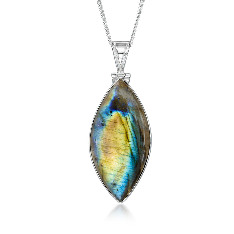 Marquise-shaped labradorite pendant necklace, sterling silver chain and marquise stone