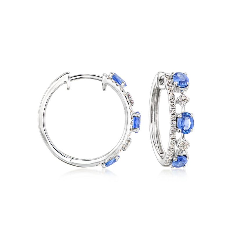 14kt white gold hoop earrings with blue sapphires and diamond accents