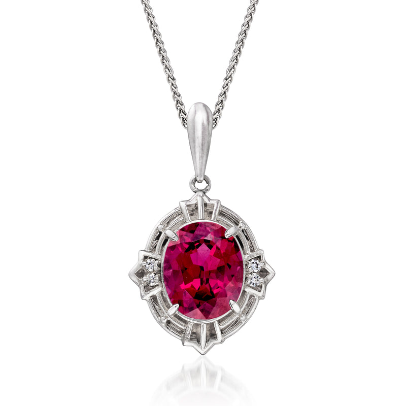Platinum pendant necklace with oval pink rhodolite garnet and diamond halo