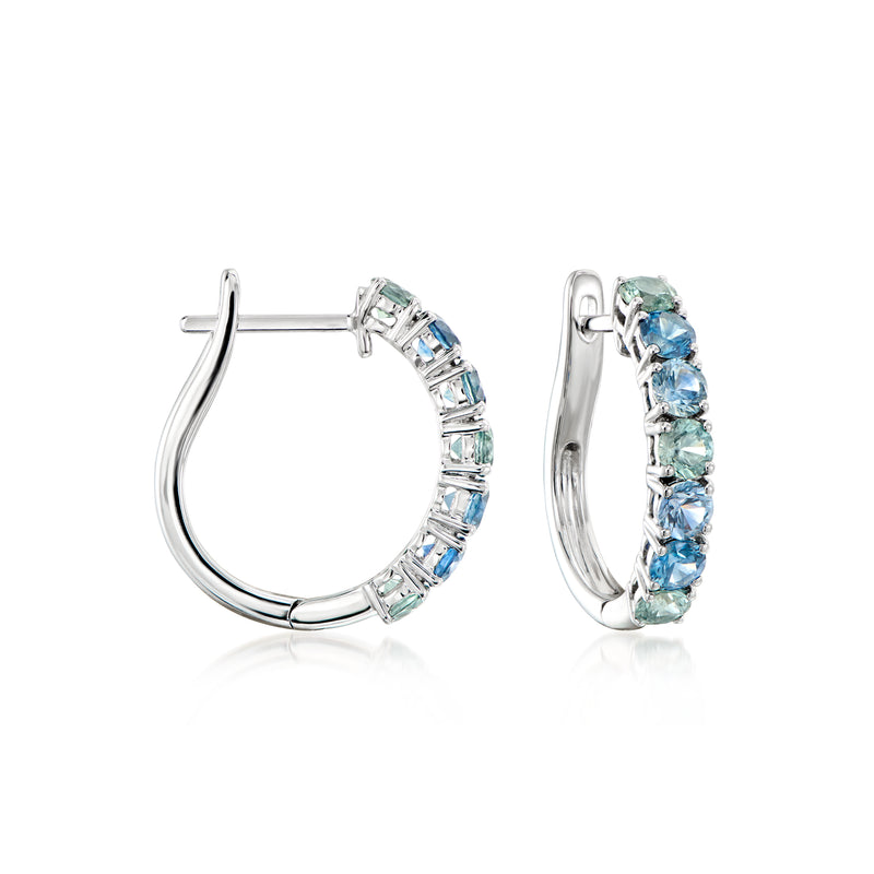 Sapphire ombre hoop earrings with blue baguette stones in polished metal setting