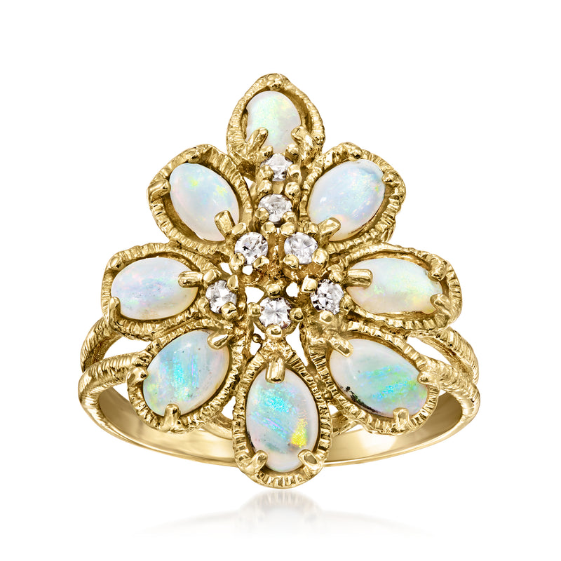 Yellow gold opal and diamond cluster ring with six teardrop opal stones and round diamonds
