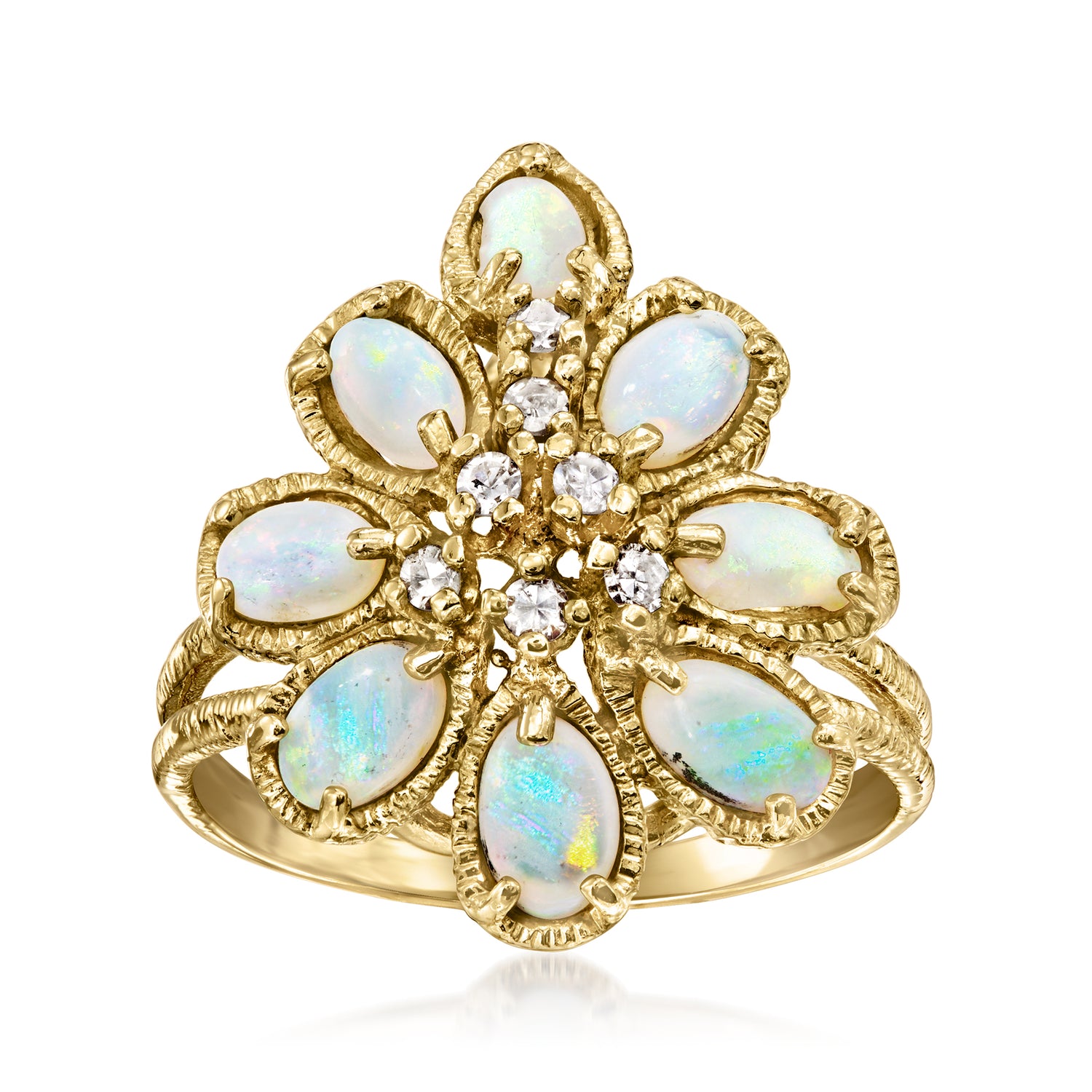 C. 1980 Vintage Opal and .18 ct. t.w. Diamond Cluster Ring in 14kt Yellow Gold