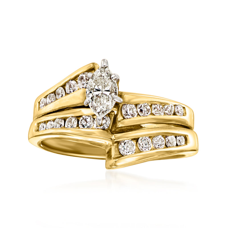 Vintage 14kt yellow gold diamond ring with marquise center stone and pavé accents