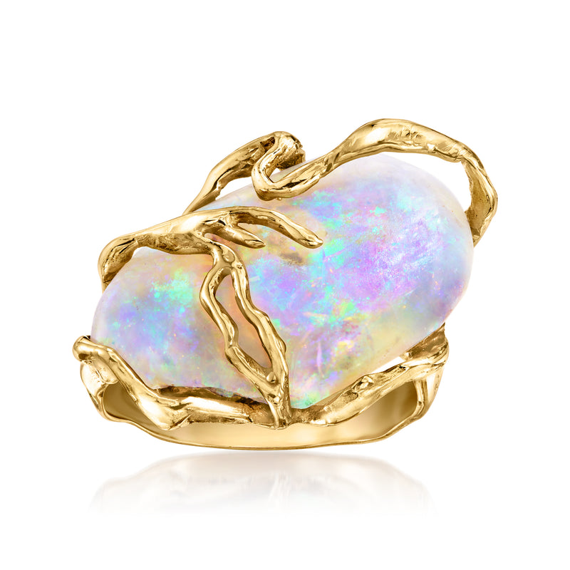Yellow-gold vintage opal ring with large oval iridescent opal