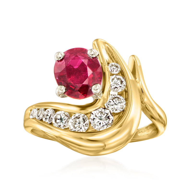 14kt yellow gold swirl ring with oval red ruby and round diamond accents