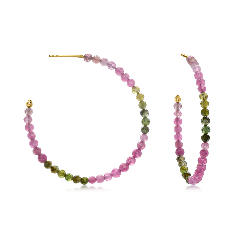 12.00 ct. t.w. Multicolored Tourmaline Bead Hoop Earrings in 18kt Gold Over Sterling. 1 1/2"