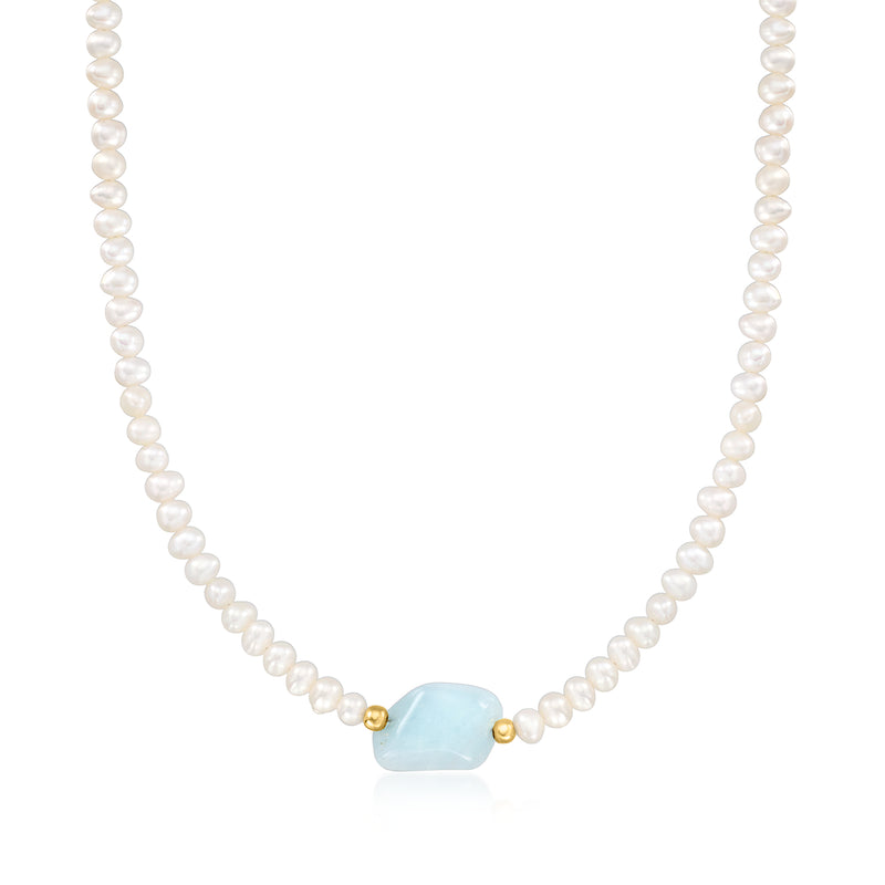 Cultured pearl necklace with light blue milky aquamarine oval pendant and gold clasp
