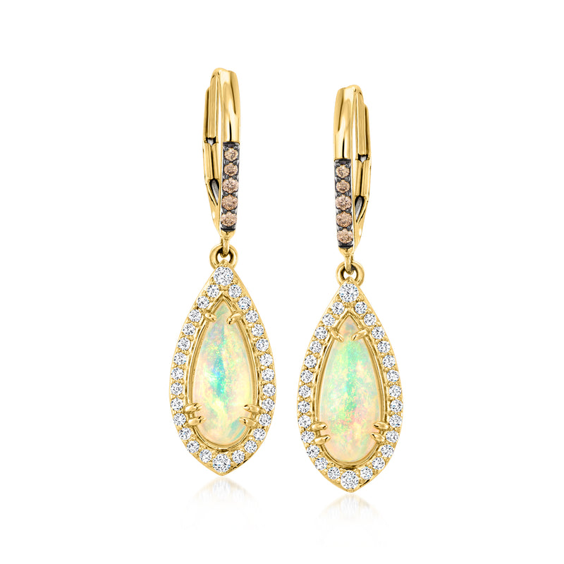 Honey gold opal drop earrings with diamond halo and leverback closures, teardrop