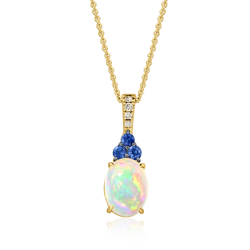 Honey gold pendant necklace with oval opal center and blue sapphire accents, diamond frame