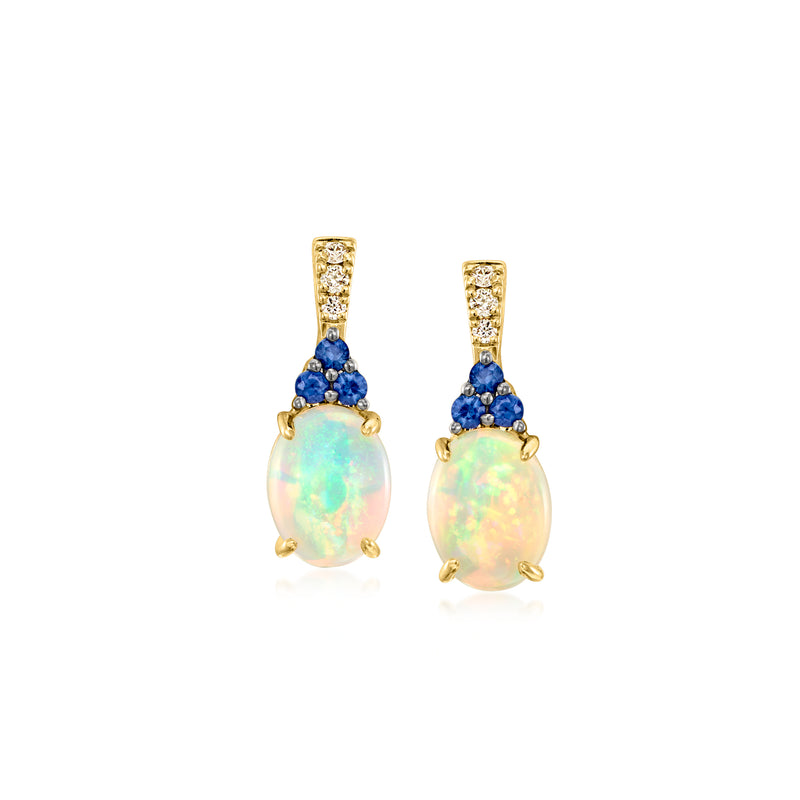 14kt honey gold drop earrings with blue sapphire tops and opal teardrop stones