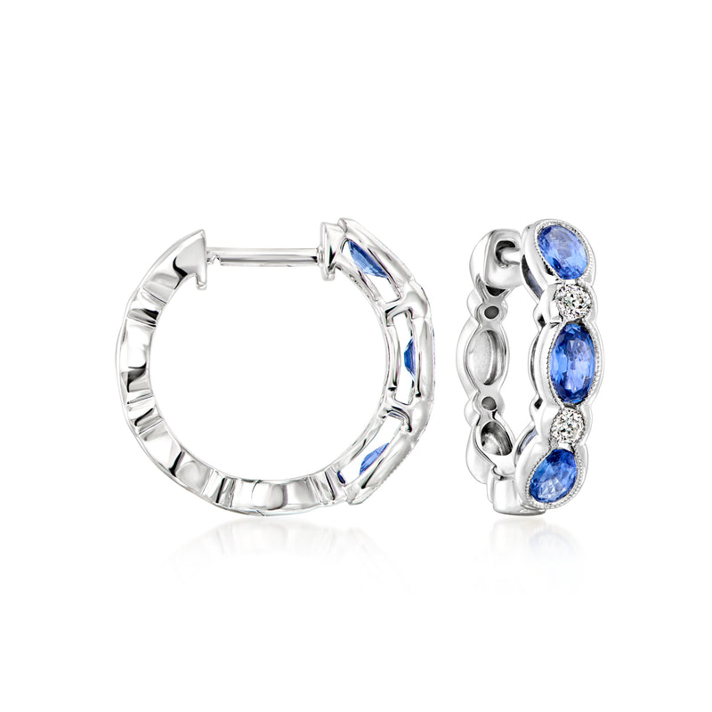 Hoop earrings with oval blue gemstones and small white accents, silver-tone metal