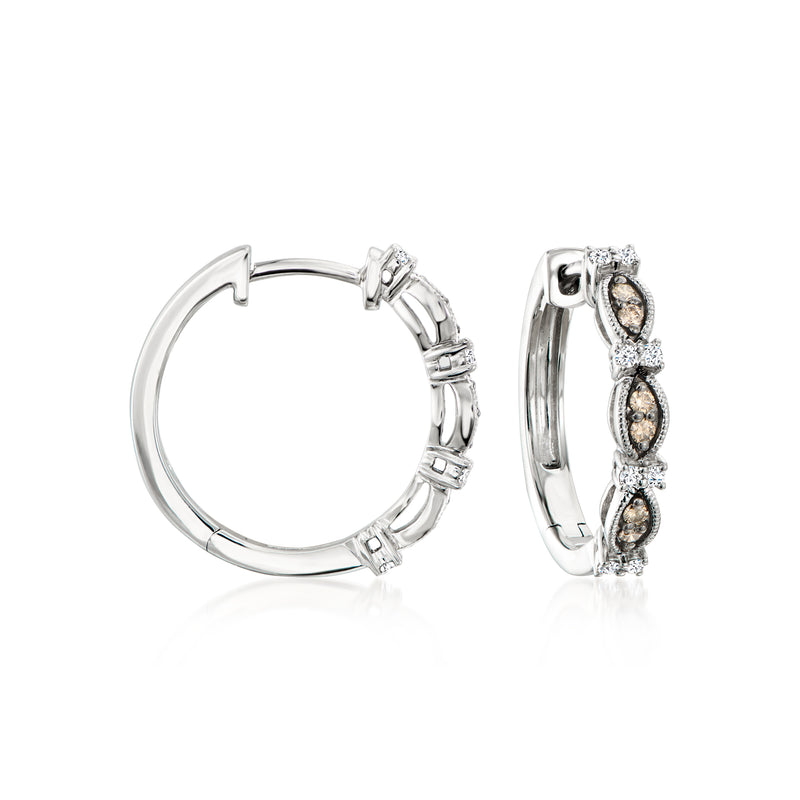 Platinum diamond hoop earrings with dark and white gemstone accents