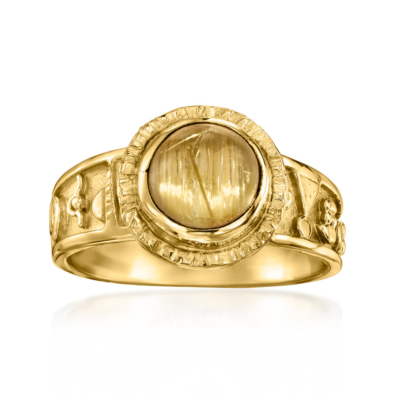 18kt yellow gold vintage ring with oval golden rutilated quartz and carved hieroglyphics