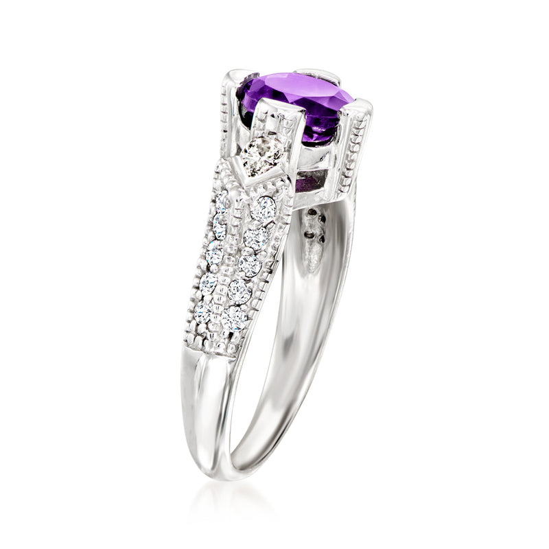 White gold amethyst ring with rectangular diamond halo and purple top stone