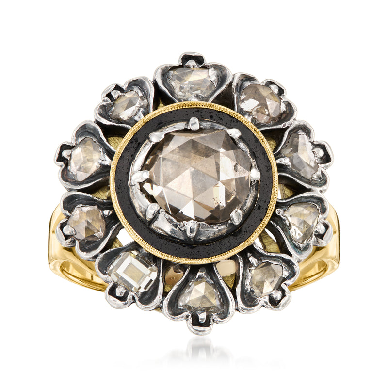 Vintage diamond cluster ring with black enamel, sterling silver and 18k yellow gold bezel
