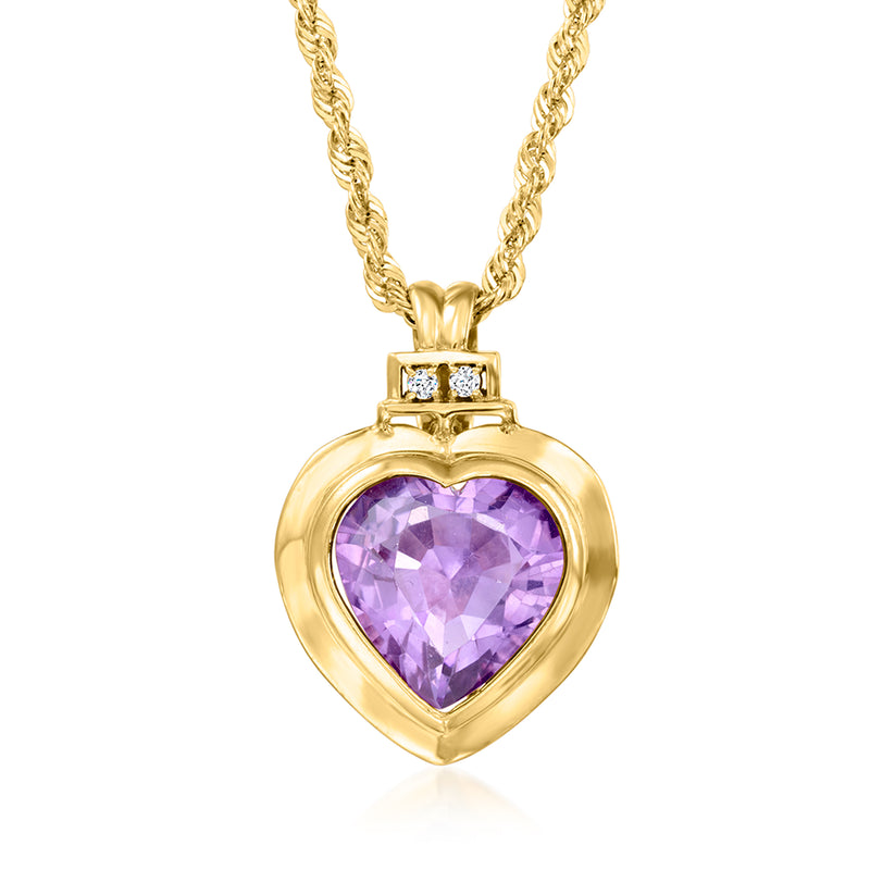 14kt yellow gold amethyst heart pendant necklace, diamond accents