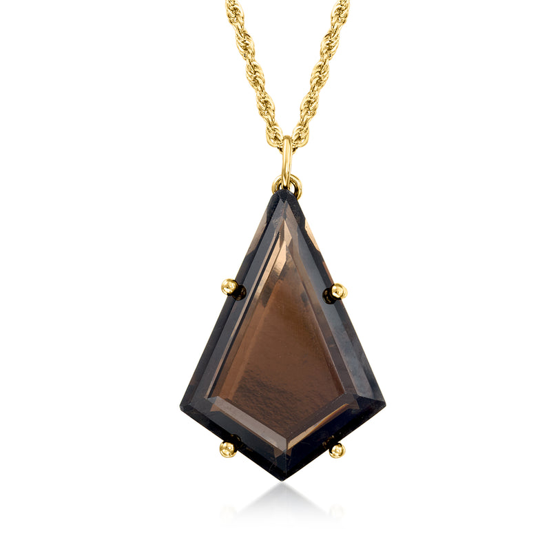 Smoky quartz pendant necklace in 14kt yellow gold, faceted dark brown stone