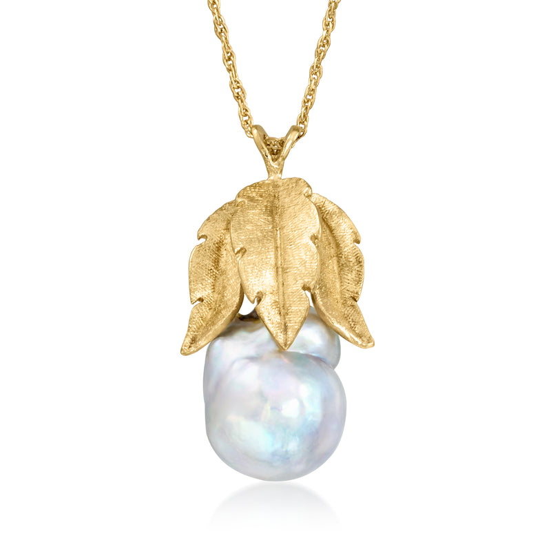 14kt yellow gold pendant necklace with baroque leaf setting and iridescent pearl