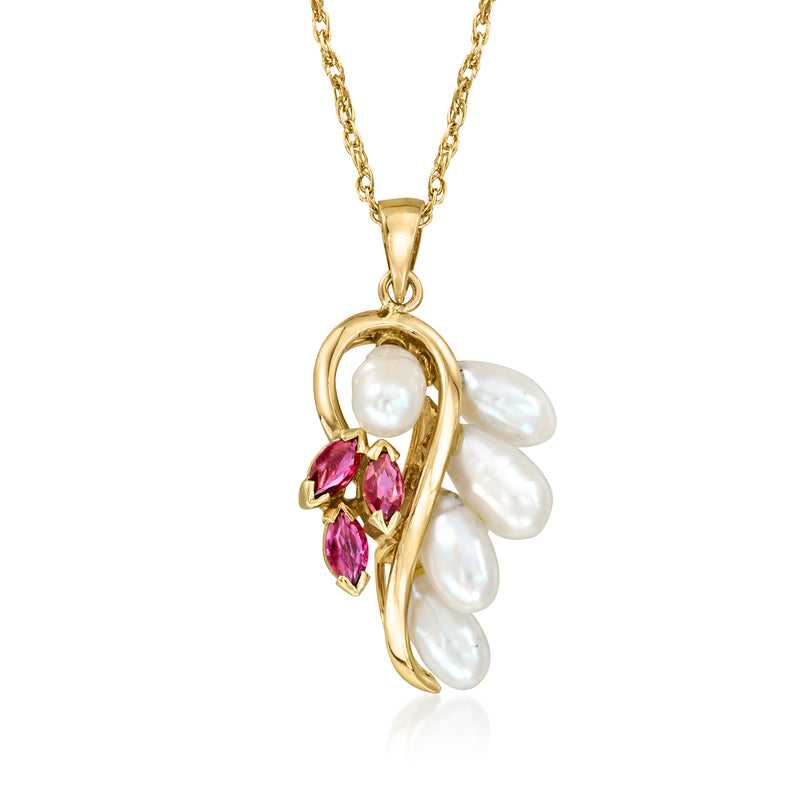 14kt yellow gold pendant necklace with cultured pearl drops and pink gemstone accents