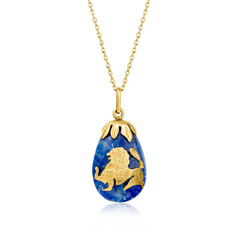 Vintage 18kt yellow gold lapis pendant necklace with blue lion cameo