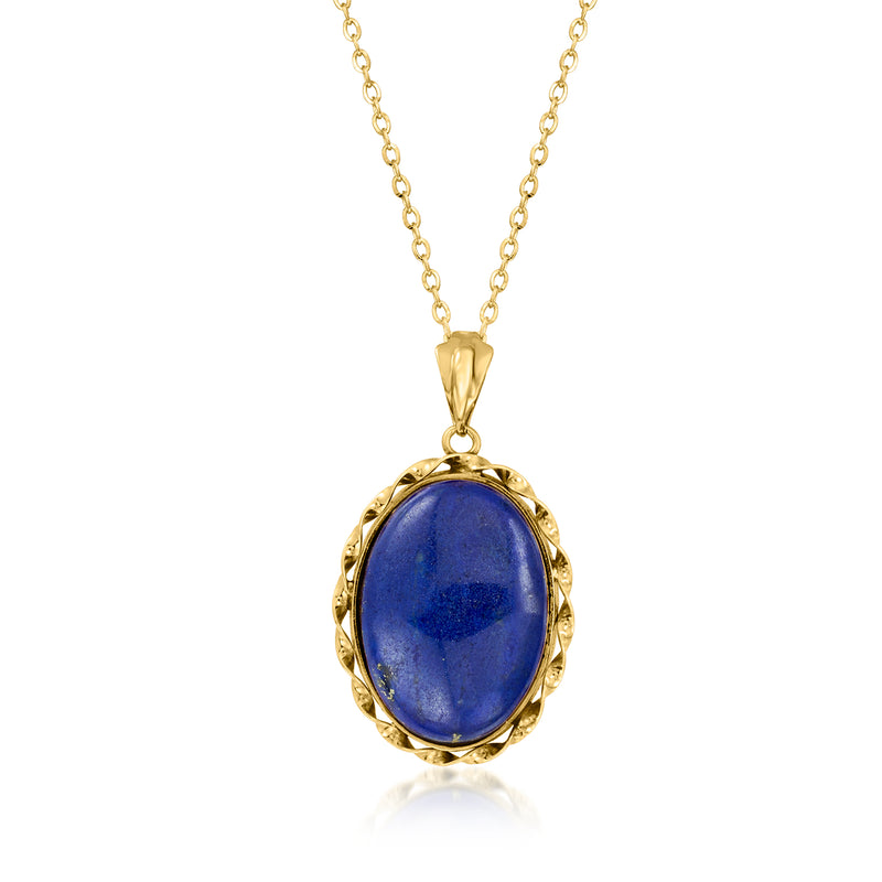 18kt yellow gold oval lapis pendant necklace with blue stone bezel setting