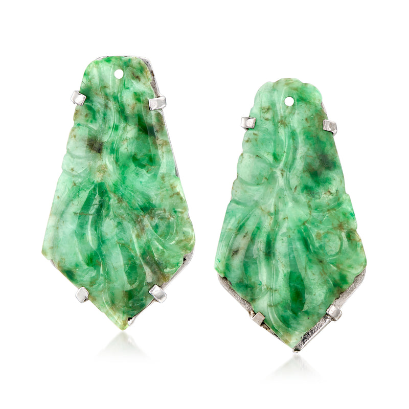 Green jade marquise clip-on earrings with white gold-tone prongs