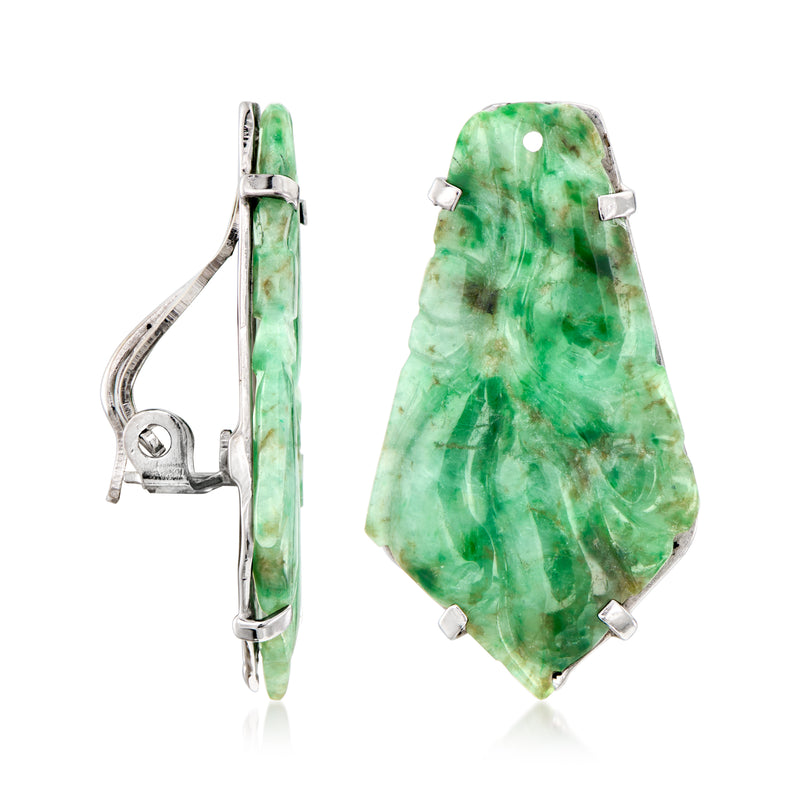 Clip-on earrings showing side clasp; green jade marquise with white gold-tone prongs