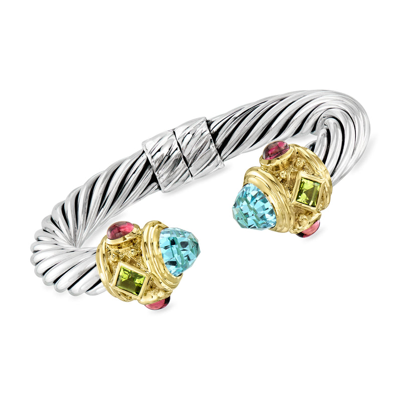 David Yurman multi-gemstone cuff bracelet in sterling silver with yellow gold; turquoise, pink