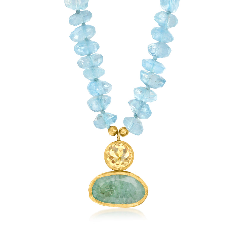 Aquamarine bead necklace with 22kt yellow gold pendant, round gold and oval green gemstone