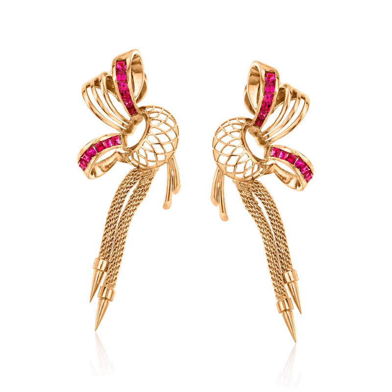 Rose gold ribbon drop earrings with pink-red synthetic ruby accents and mesh bow detail
