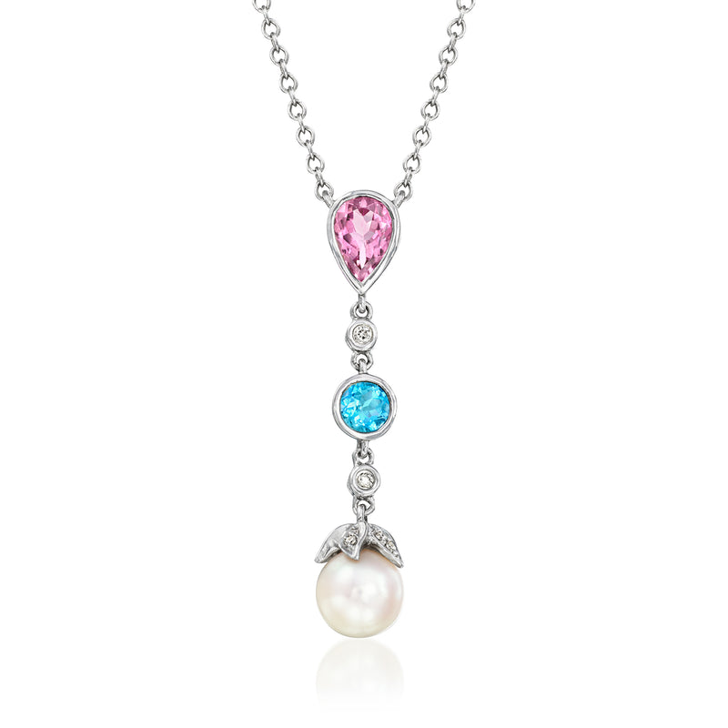 14kt white gold pendant necklace: pink tourmaline, blue topaz, cultured pearl, diamond accents