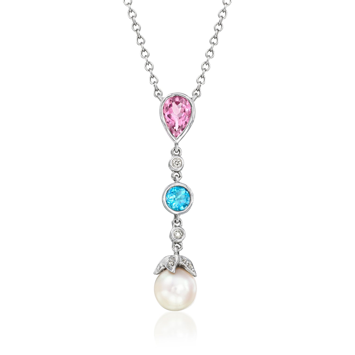 C. 1990 Vintage .75 Carat Pink Tourmaline, .35 Carat Swiss Blue Topaz and 7mm Cultured Pearl Necklace with Diamonds in 14kt White Gold