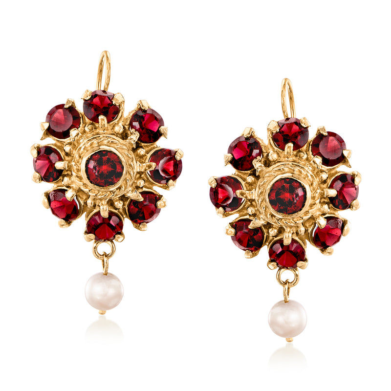 Vintage 12kt yellow gold garnet cluster drop earrings with pearl dangles