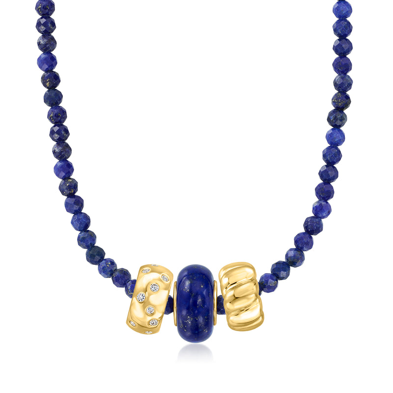 Lapis charm bead necklace with blue bead strand and gold spacer rings