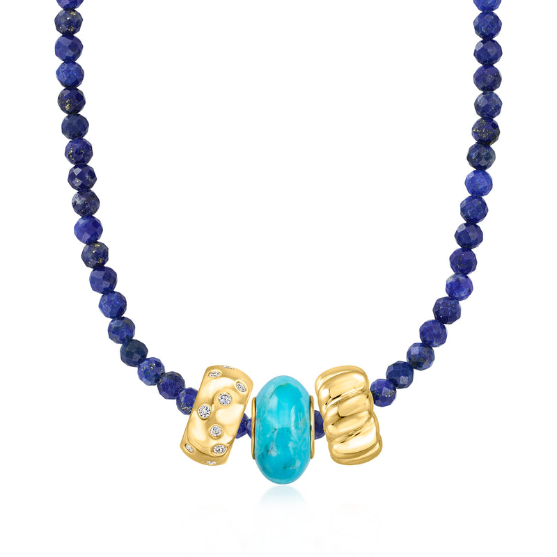Blue beaded necklace featuring turquoise oval charm between three gold charms
