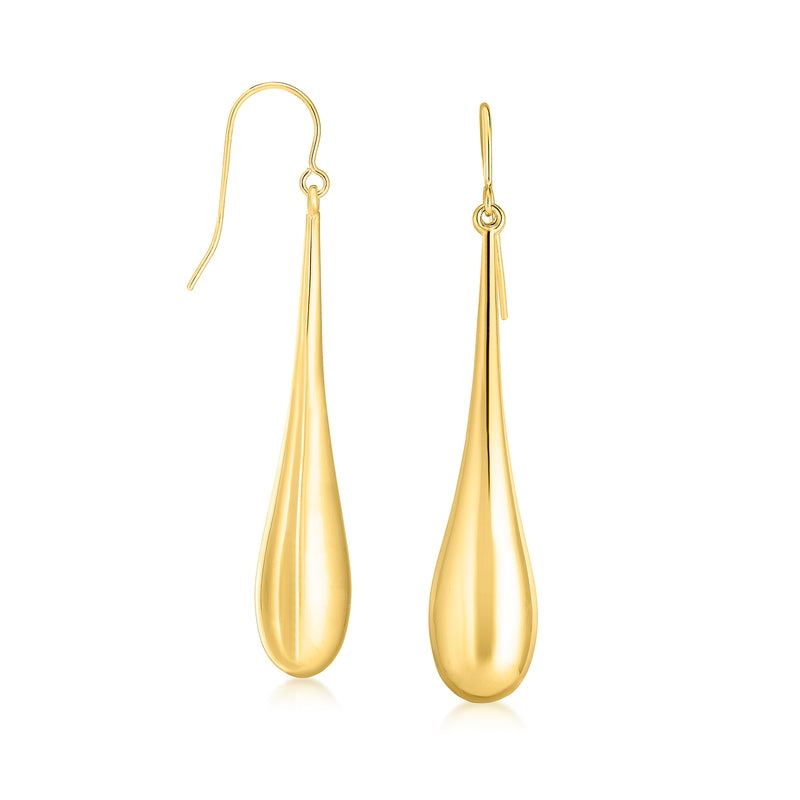 10kt yellow gold elongated teardrop earrings with ear hook, smooth tapered drop