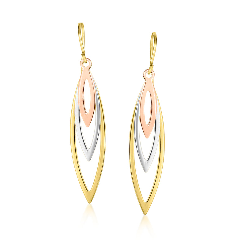 Tri-colored marquise drop earrings with gold earwires, oval center and white inner detail