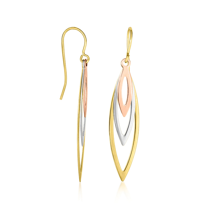 Tri-colored drop earrings on gold ear hooks, tall marquise pendant with white center