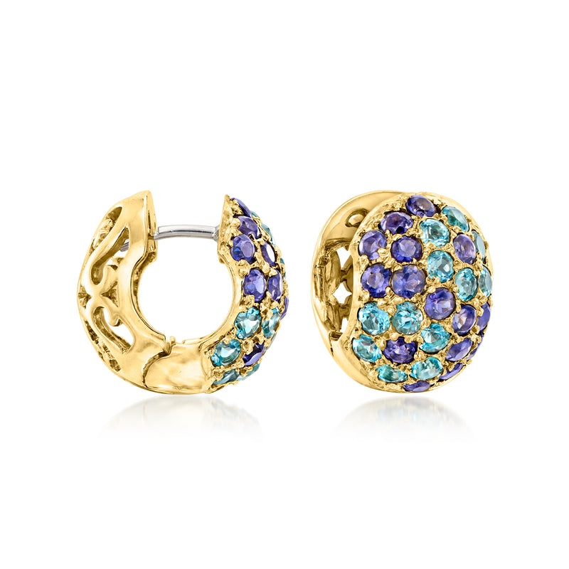 18kt yellow gold huggie hoop earrings with blue and purple gemstone clusters