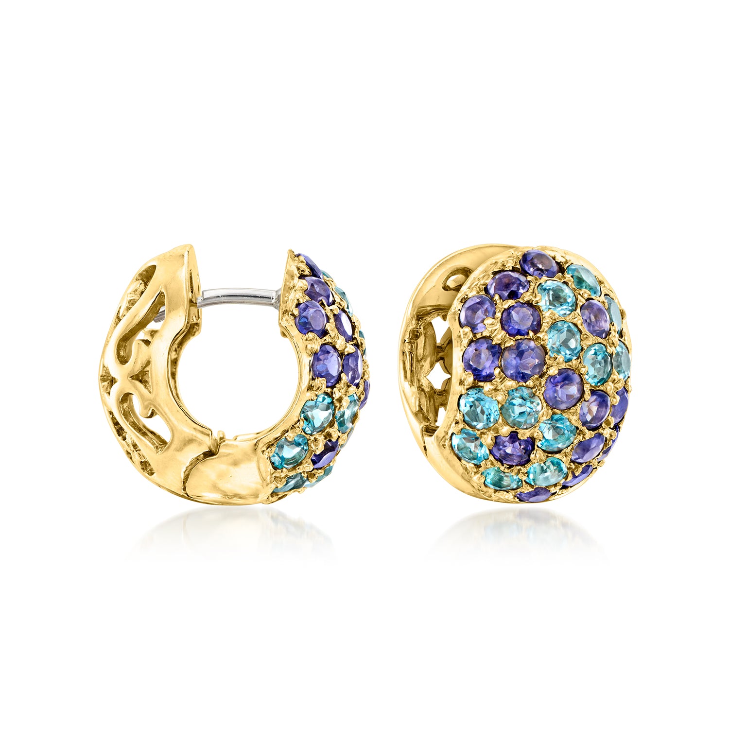 C. 1990 Vintage 1.65 ct. t.w. Tanzanite and 1.35 ct. Tw. Sky Blue Topaz Huggie Hoop Earrings in 18kt Yellow Gold