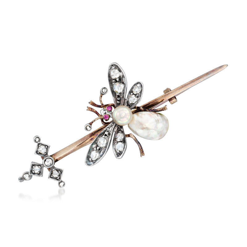Vintage insect brooch pin with cultured pearl, diamonds, rubies in sterling silver and gold