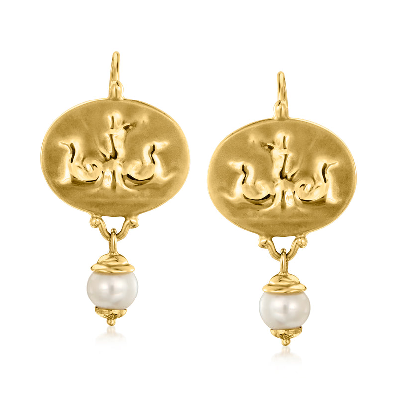 18kt yellow gold drop earrings with engraved oval tops and cultured pearl dangles