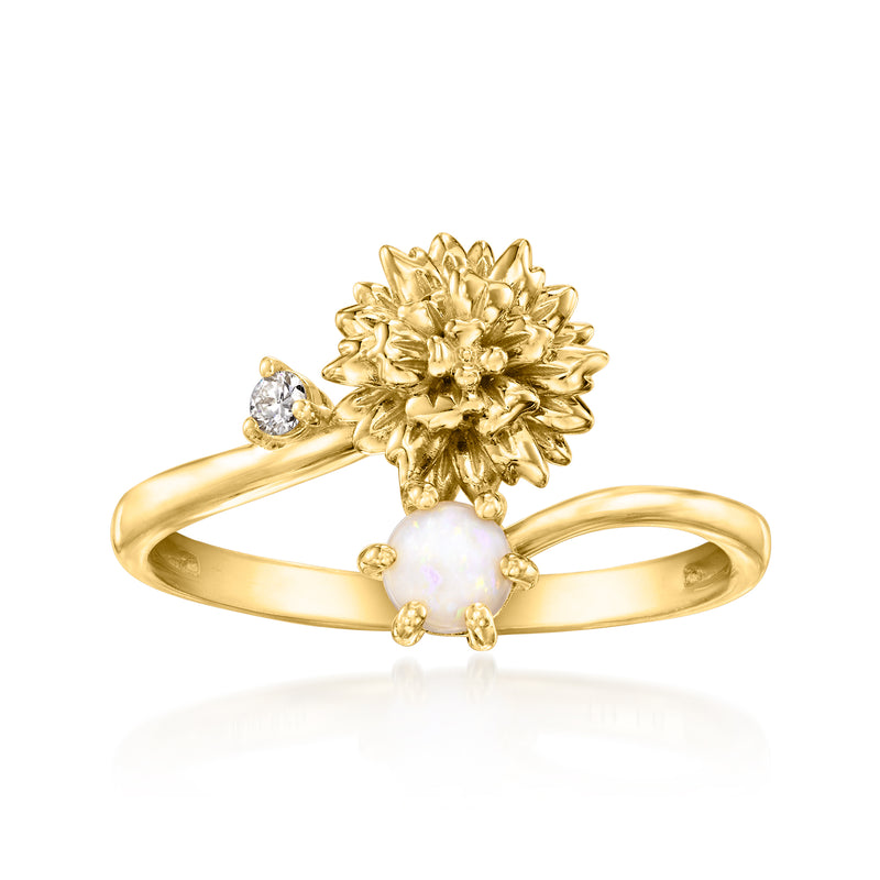 Gold marigold flower ring with oval opal center and small diamond accents