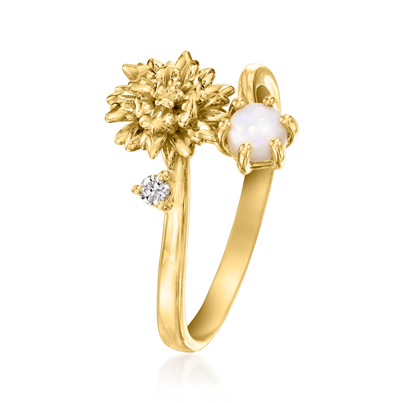 Gold-tone ring with marigold flower design, oval opal, and small diamond accents