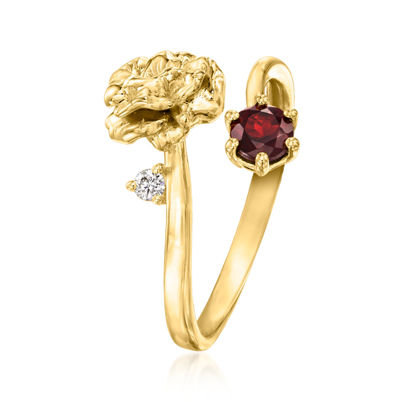 Gold floral ring with round red garnet and two small diamond studs on band