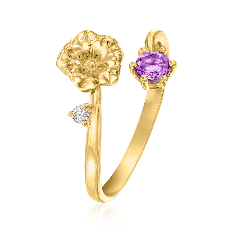 Gold tone floral ring design with purple amethyst bezel and two small clear side diamonds