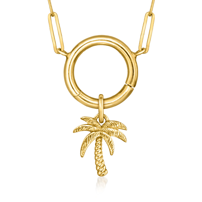 14kt yellow gold round hoop charm with hanging palm tree detail