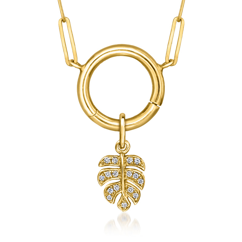 14kt yellow gold circular link charm with leaf pendant and lab-grown diamond accents